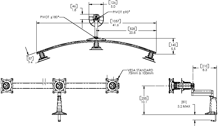 Technical Drawing of Chief KCS-320B or KCS-320S Triple Monitor Single ...