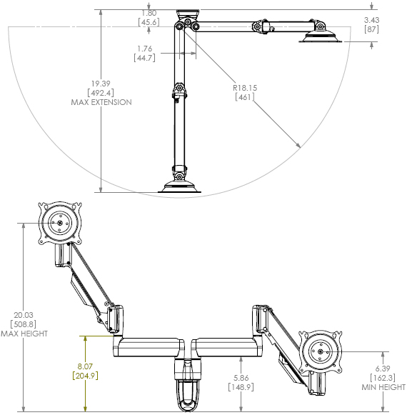 Drawing for Chief KWY220S or KWY220B Dual Wall Mount Height Adjustable LCD Monitor Arm