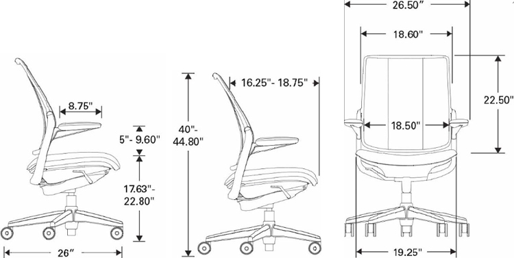 Technical Drawing for Humanscale Diffrient Smart Ergonomic Mesh Task Chair