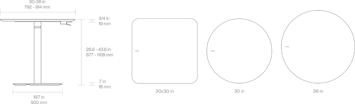 Technical Drawing for Humanscale Float Gather Height Adjustable Table