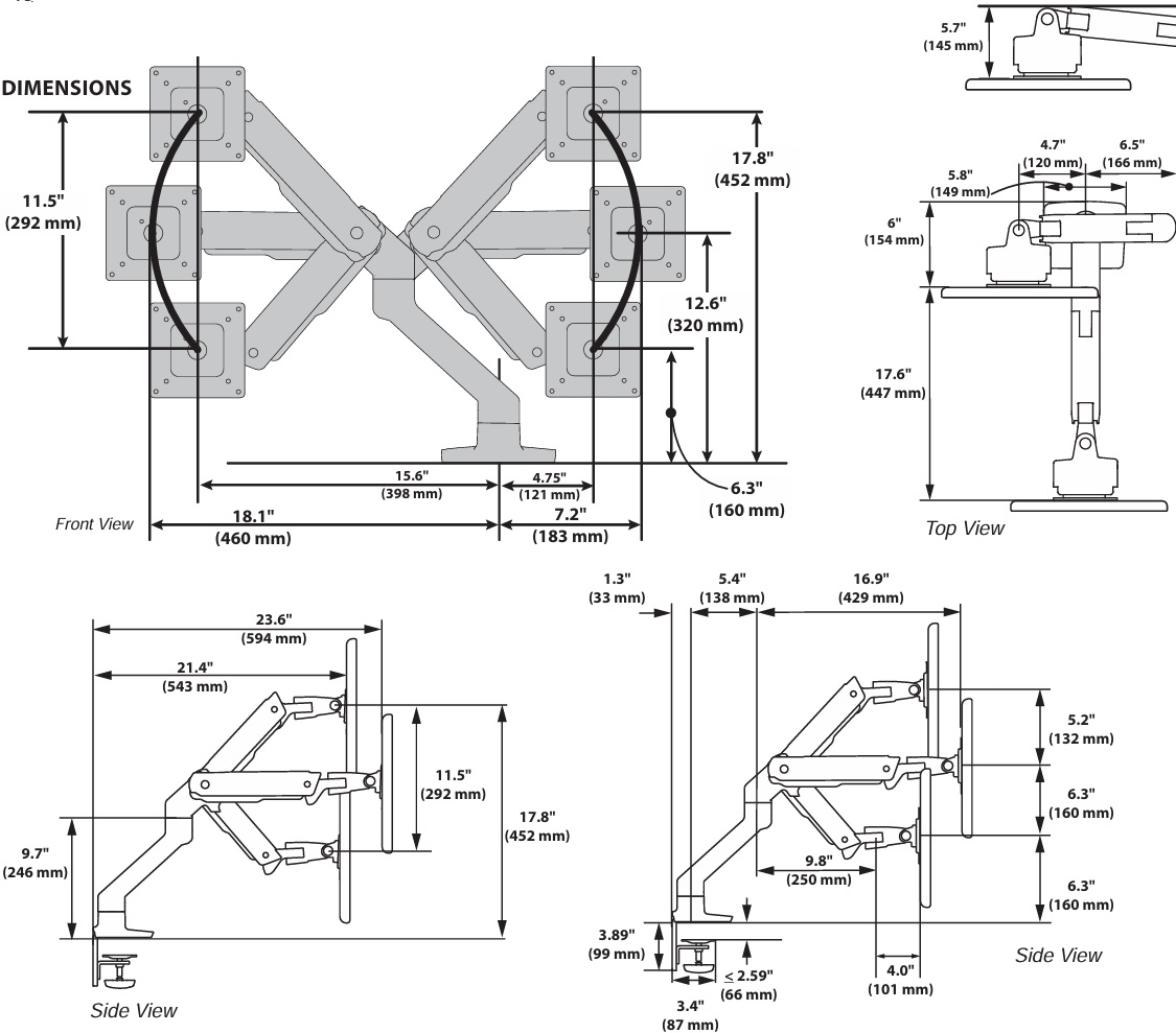 Technical Drawing for Ergotron 45-693-224 HX Desk Curved Monitor Arm with VHD Pivot (black)