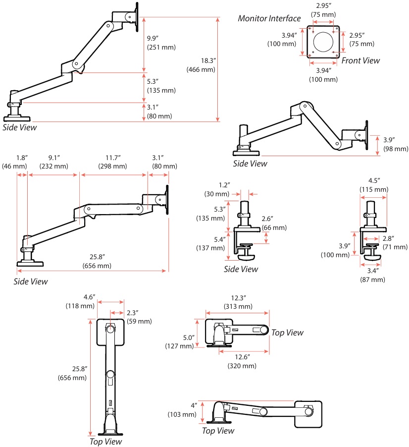 Technical Drawing for Ergotron 45-682-290 LX Pro Desk Mount Single Monitor Arm (white)