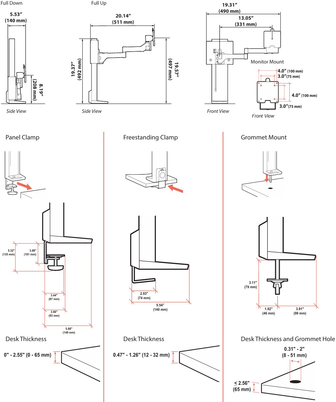 Technical Drawing for 
Ergotron TDS-MA-GR-251 TRACE Monitor Mount with Grommet Clamp (white)