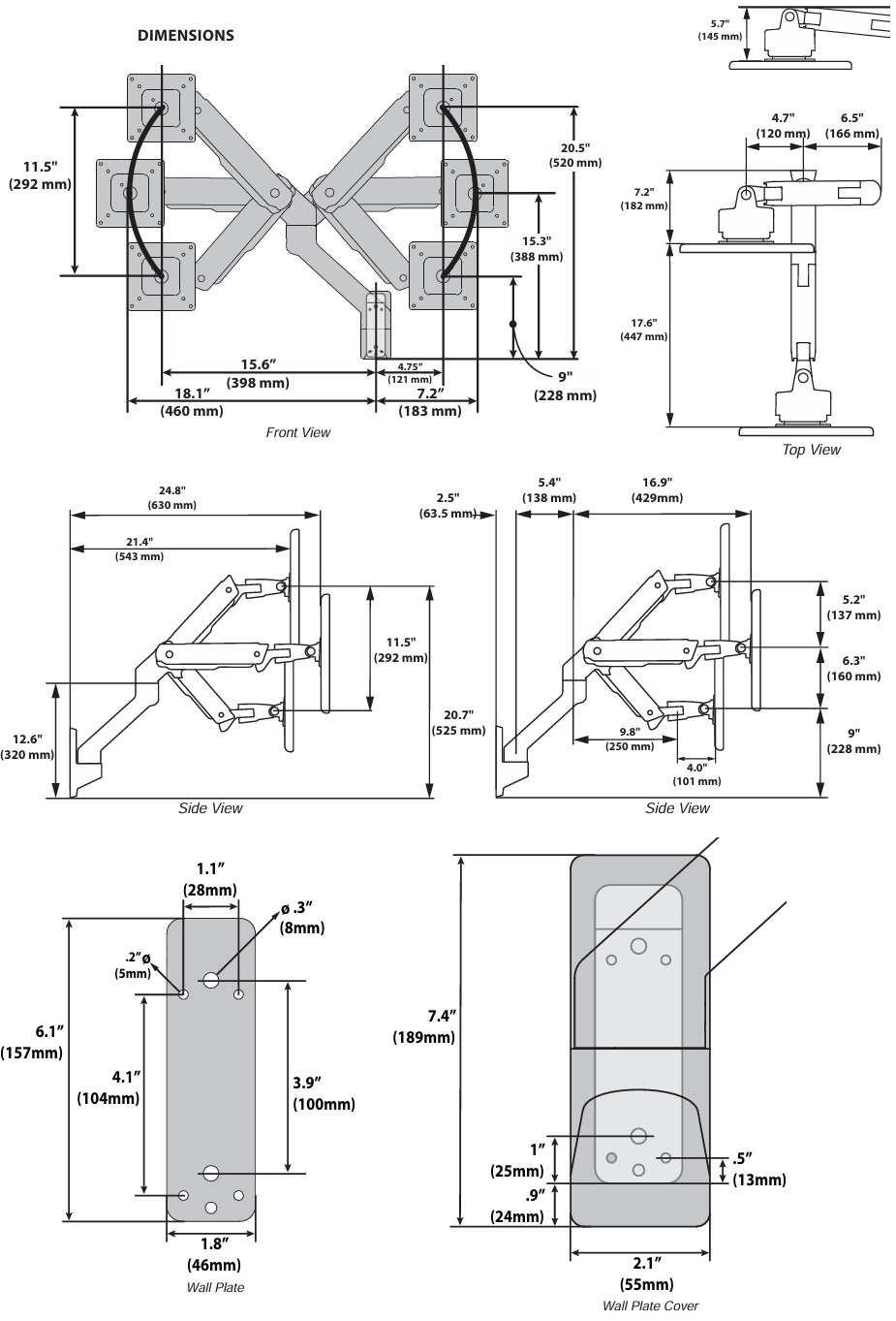 Technical Drawing for Ergotron 45-694-216 HX Wall Curved Monitor Arm with VHD Pivot (white)