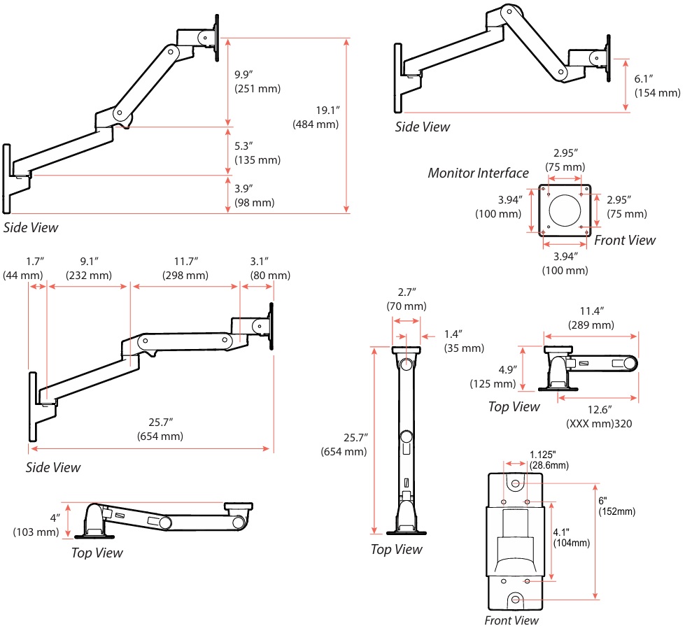 Technical Drawing for Ergotron 45-683-292 LX Pro Single Monitor Arm Wall Mount (black))