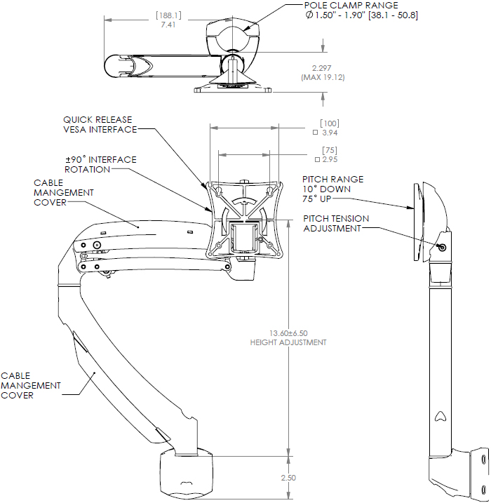 Chief K1P100B/K1P100S KONTOUR Dynamic Pole Mount, Single Monitor