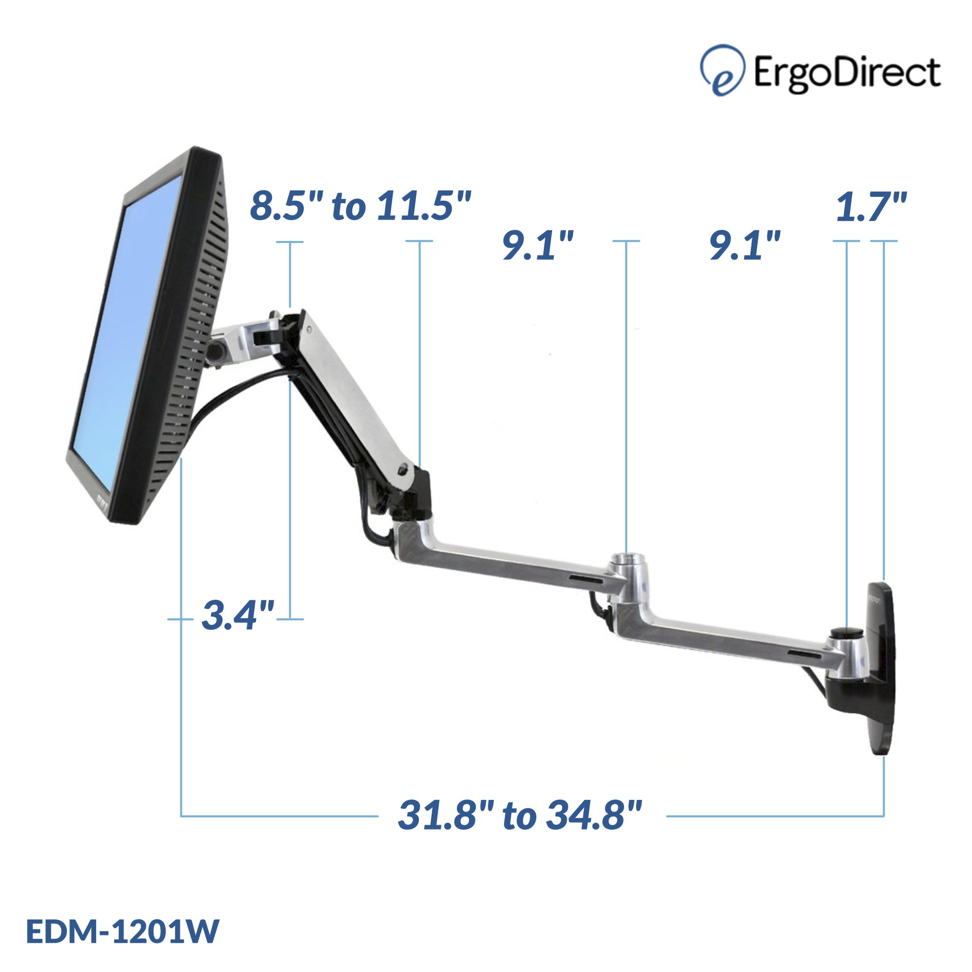 Long Reach Wall Mount Monitor Arm - ErgoDirect EDM-1201W
