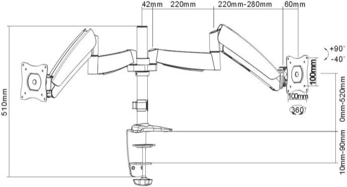 Technical Drawing for Ergotech 320-C14-C024 One-Touch Dual Monitor Arm