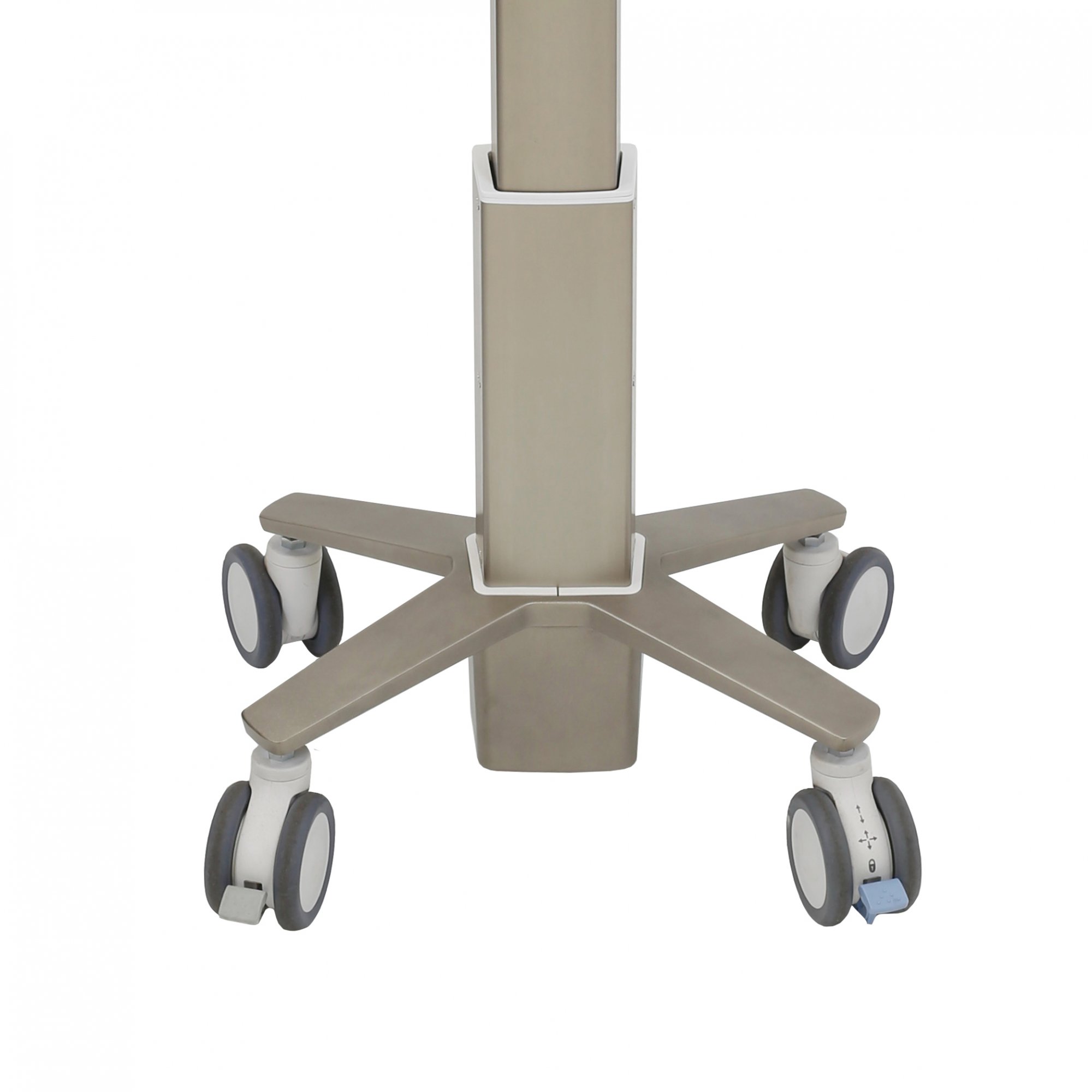 Four ultra-smooth 4" gliding casters for extremely easy push/pull mobility; two locking casters ensure lock-in-place stability; one 3-function tracking caster improves maneuverability