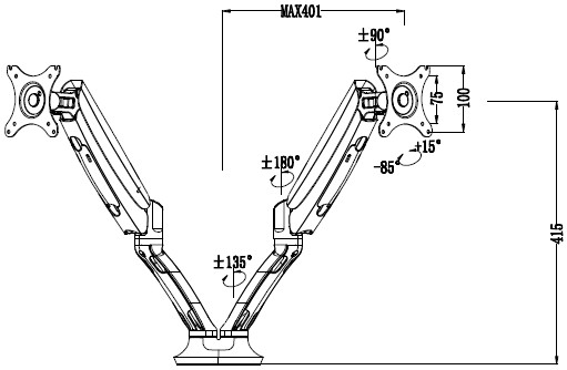 Technical Drawing for Flexispot F7D Desk Mount Dual Monitor Mount