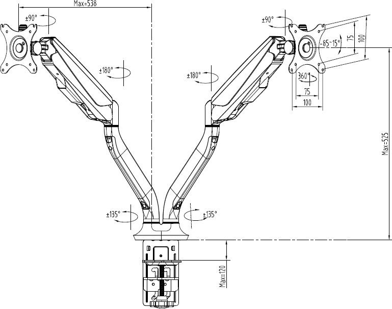 Technical Drawing for Flexispot F8LD Desk Mount Dual Monitor Mount