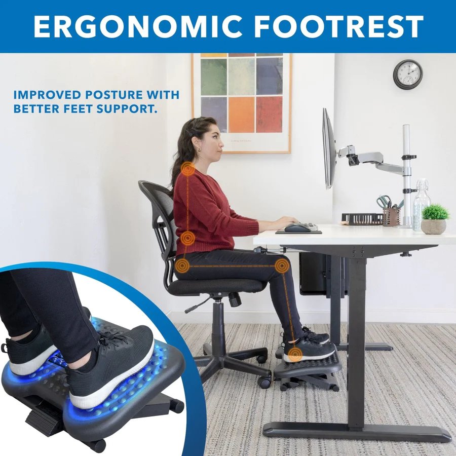 Under Desk Footrest, Adjustable Height/Angle and Massaging Rollers
