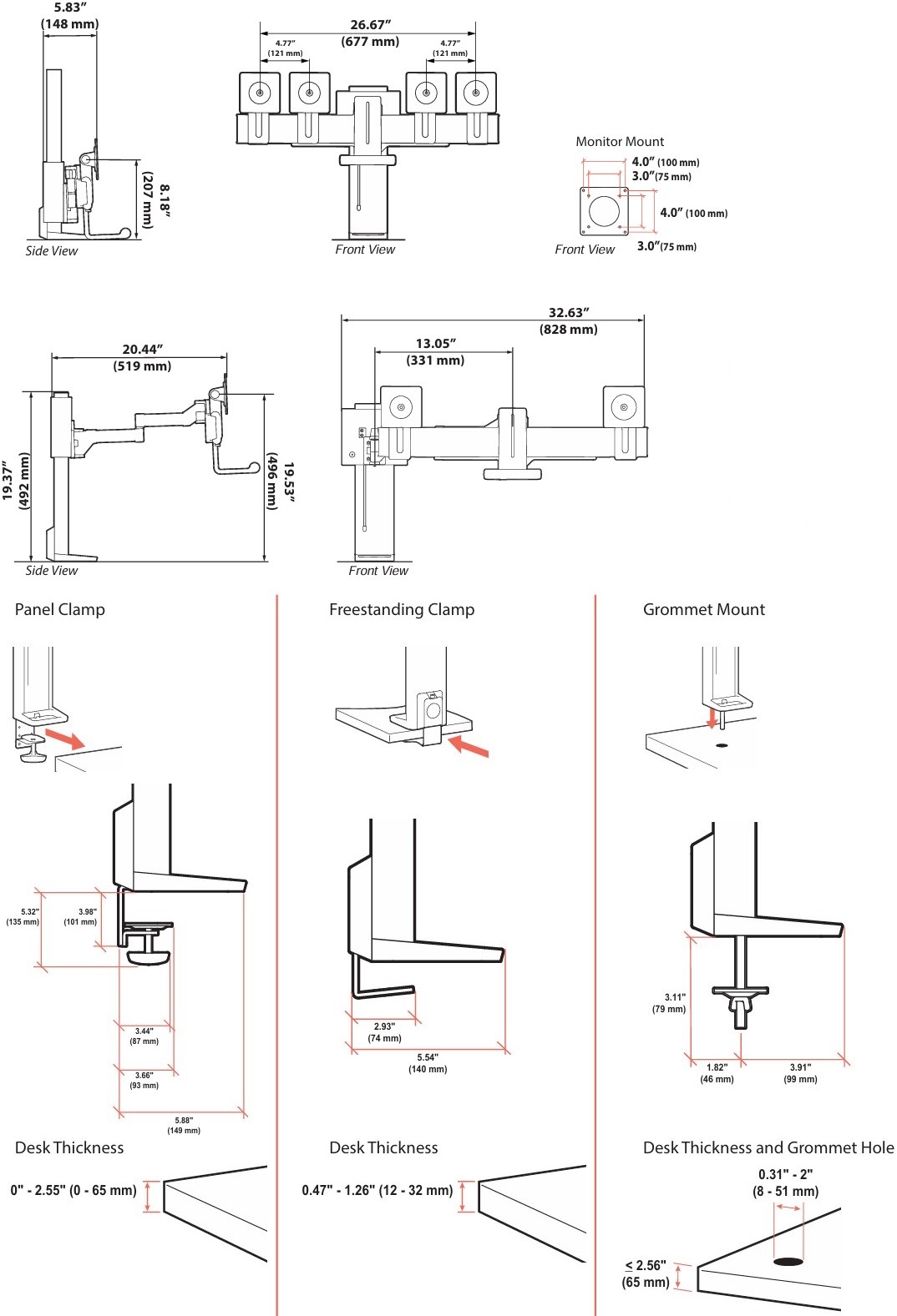 Technical Drawing for 
Ergotron TDD-MA-FS-224 TRACE Dual Monitor Mount with Slim-Profile Clamp (black)